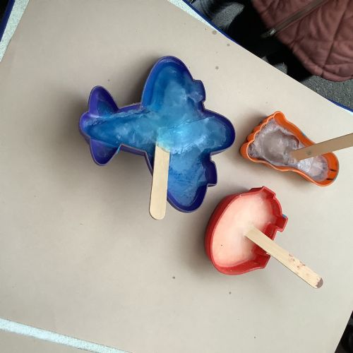 We used food colouring, water and glitter to make ice!