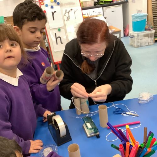 Creating binoculars with Mrs Nolan, then using the binoculars to go bird spotting.